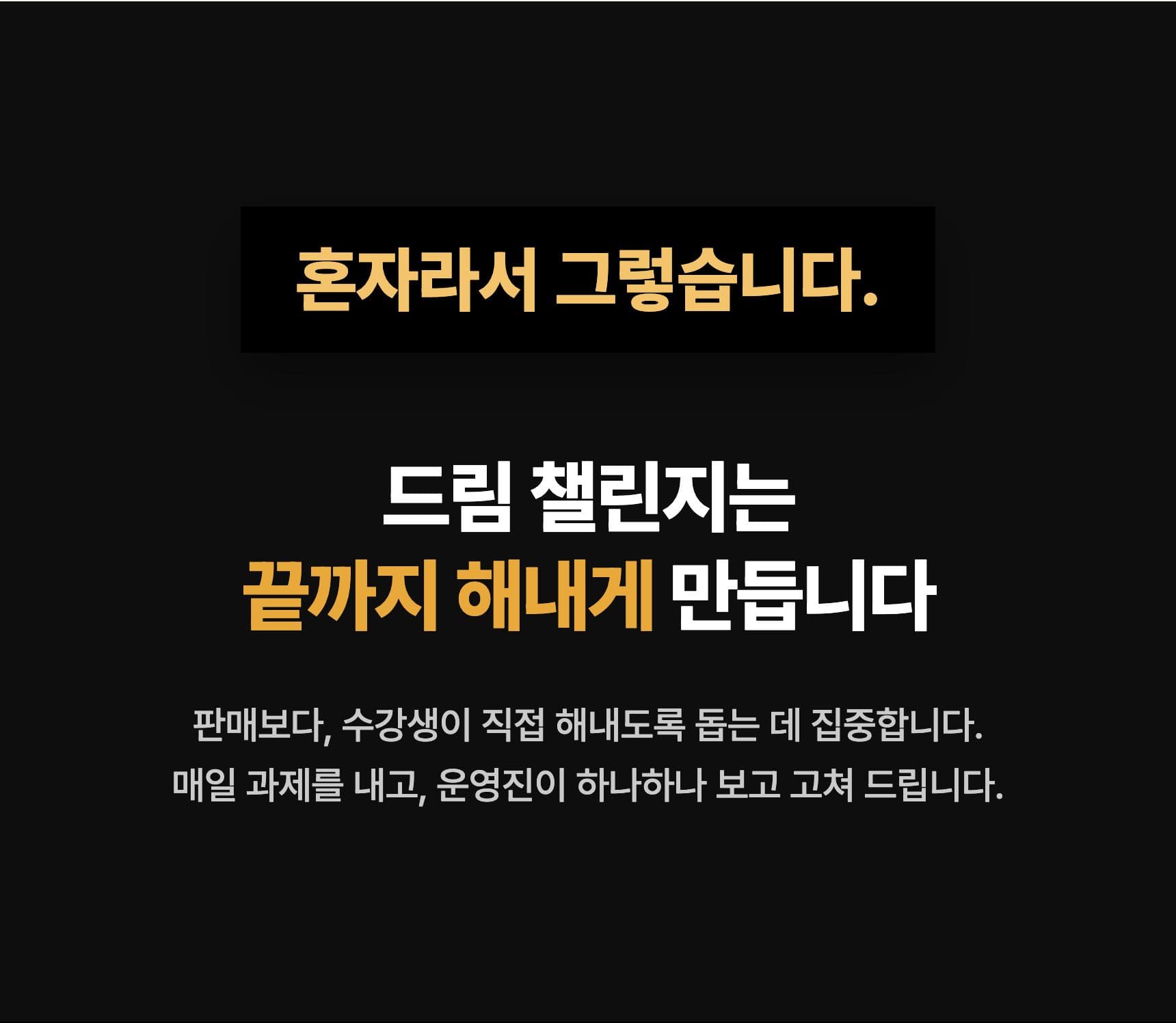 혼자라서 그렇습니다 — 드림 챌린지는 끝까지 해내게 만듭니다. 매일 과제를 내고 운영진이 하나하나 보고 고쳐 드립니다