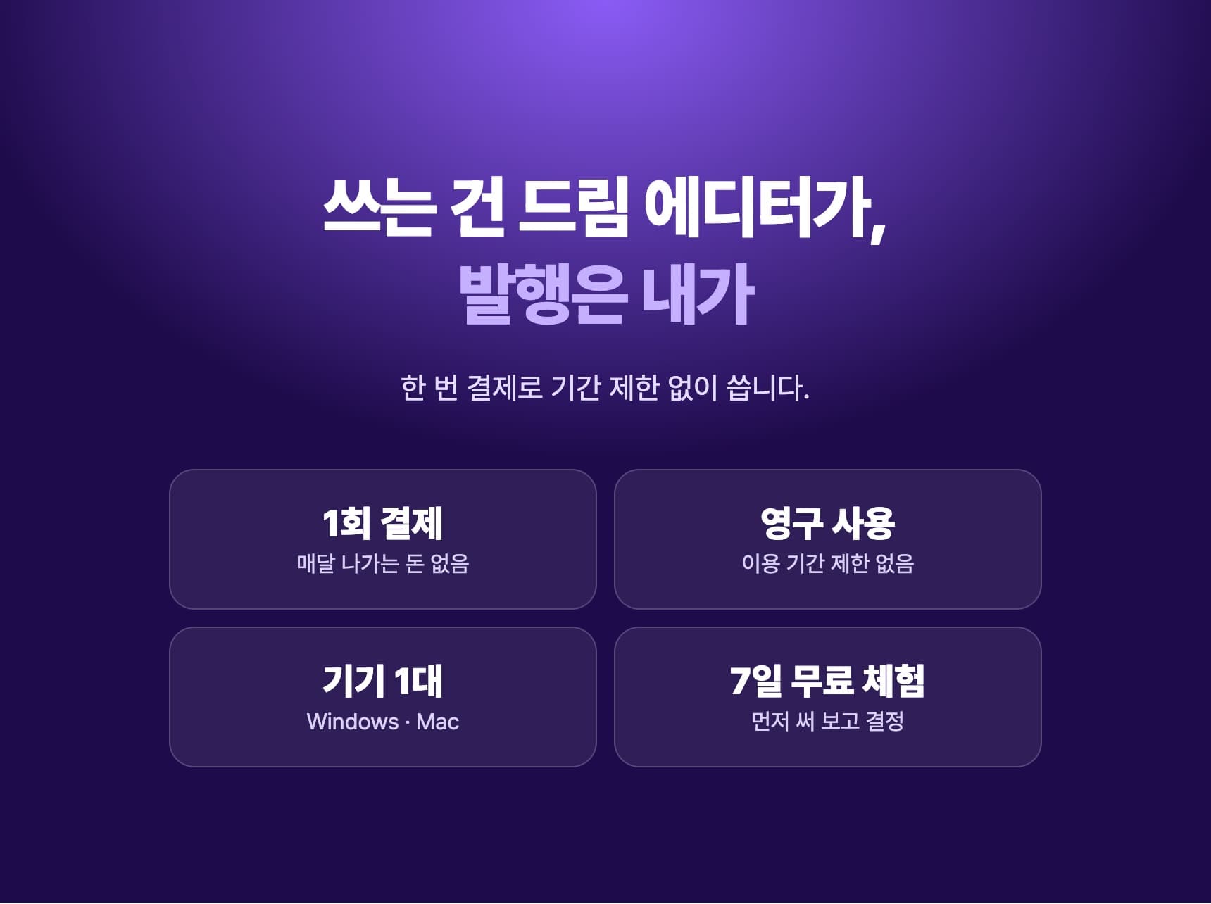 쓰는 건 드림 에디터가, 발행은 내가 — 1회 결제, 영구 사용, 기기 1대, 7일 무료 체험
